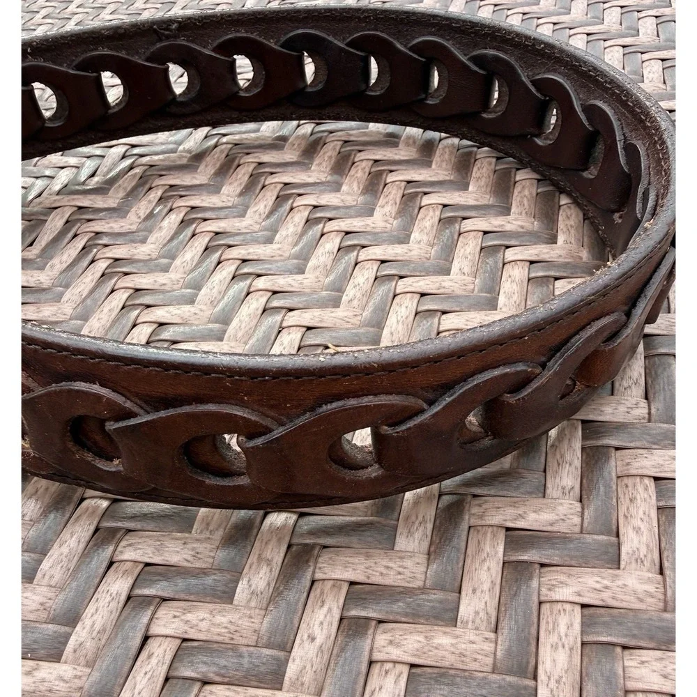 Leather Hand Tooled Woven Brown Belt Carpenter Buckle Hammer Saw Mexico Size 40